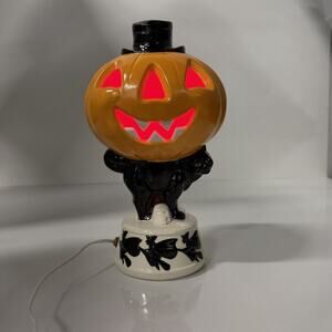 Rare Gilbert Halloween Ceramic Jack O Lantern Black Cat Skull Light Flicker